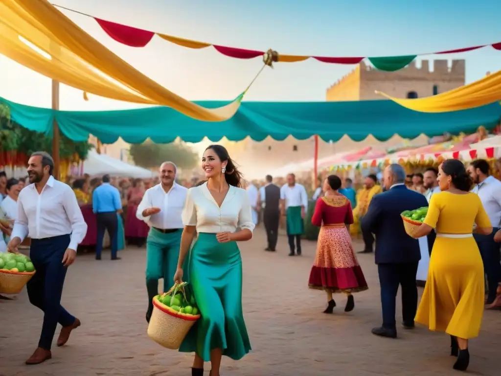 Animada escena en la Fiesta de la Cosecha en Melilla: baile, música, colores, frutas y risas bajo el sol poniente