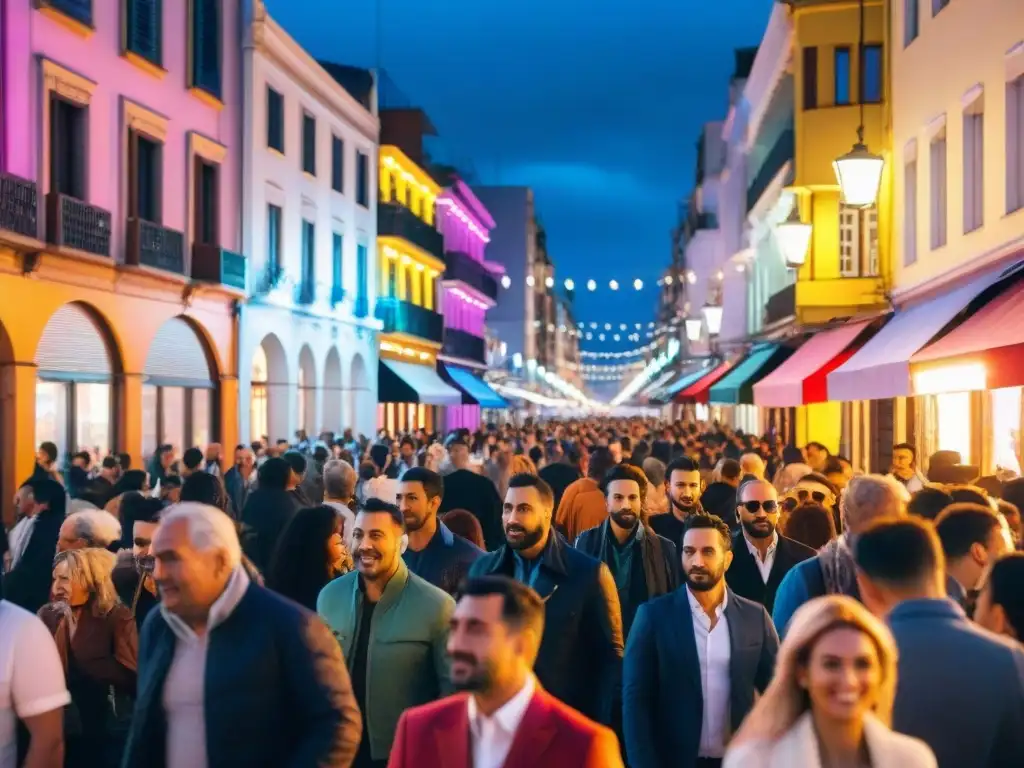 Animada escena nocturna en Montevideo, iluminada por los colores de los mejores bares