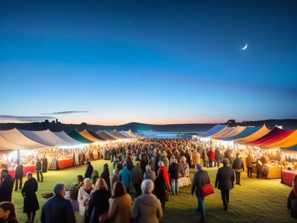 Animada feria artesanal nocturna en Uruguay, puestos coloridos iluminados con luces de hadas