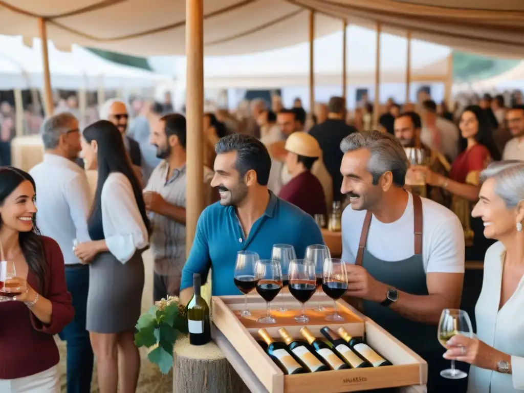 Animada feria de vino en Uruguay: coloridos puestos, música tradicional y visitantes disfrutando del evento