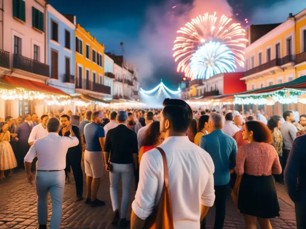 Animada fiesta La Noche de la Nostalgia en Uruguay: gente bailando, decoraciones coloridas y una atmósfera mágica