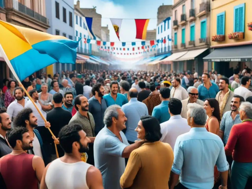 Un animado festival de calle en Montevideo, Uruguay, con banderas coloridas y artistas callejeros