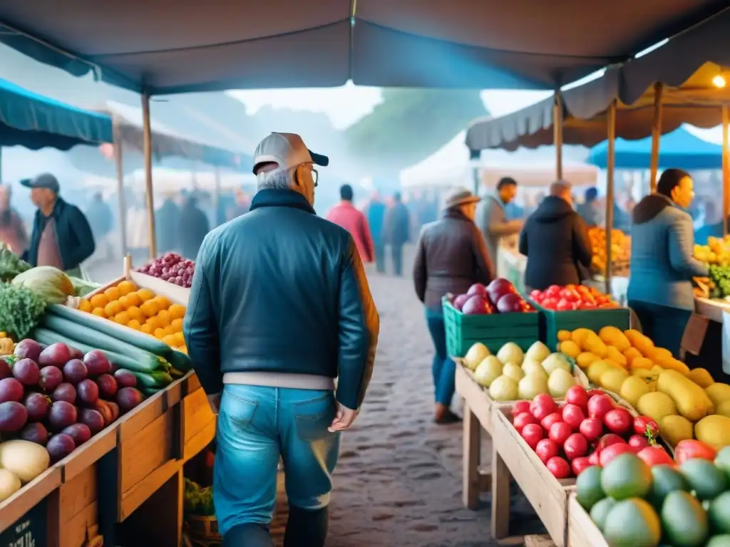 Un animado mercado de agricultores en Uruguay, reflejando el turismo gastronómico responsable en Uruguay con productos locales y colores vibrantes