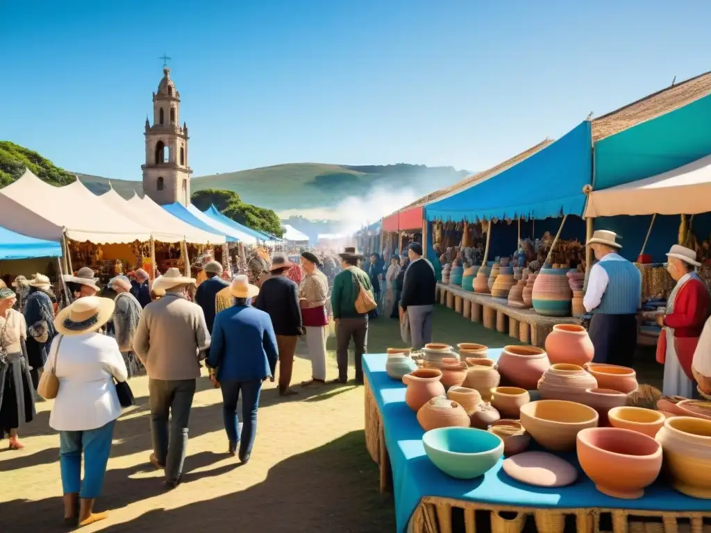 Un animado mercado artesanal en Uruguay, con coloridos productos exhibidos bajo un cielo azul