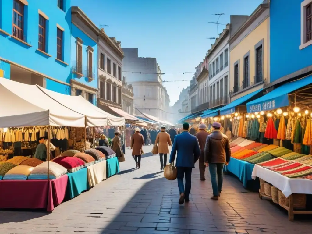 Un animado mercado callejero en Montevideo, Uruguay, lleno de artesanos locales vendiendo artesanías tradicionales y textiles tejidos a mano