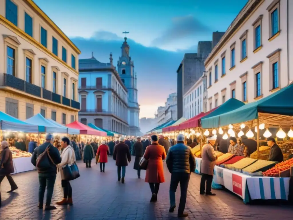 Un animado mercado callejero en Montevideo, Uruguay, lleno de puestos coloridos de artesanías locales y comida tradicional, con música en vivo