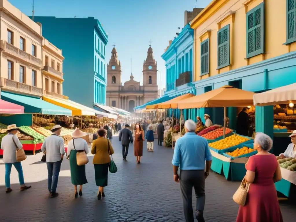 Animado mercado callejero en Montevideo, Uruguay, con locales y turistas disfrutando de artesanías y comida típica