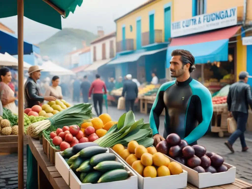 Animado mercado callejero uruguayo, mezcla de surfistas y lugareños, colores y sabores