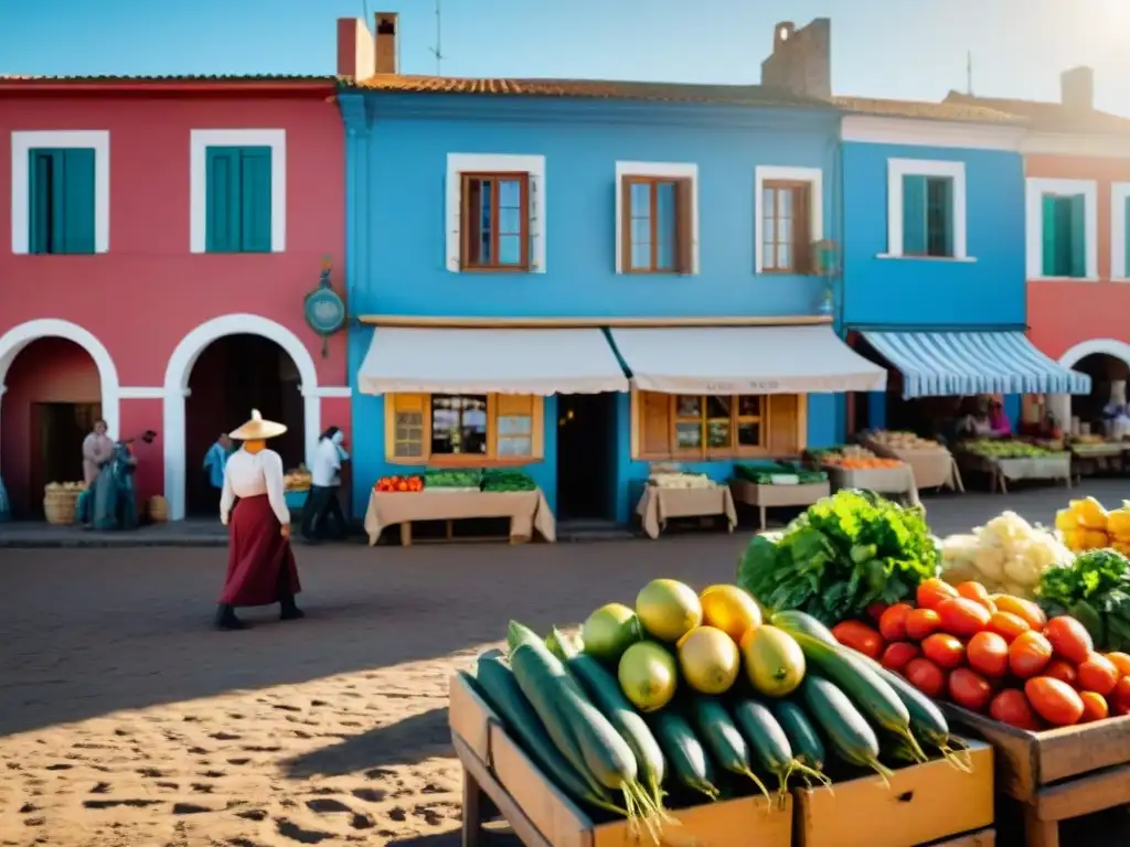 Animado mercado en un encantador pueblo uruguayo, con puestos de productos frescos y artesanías locales bajo el cálido sol de la tarde