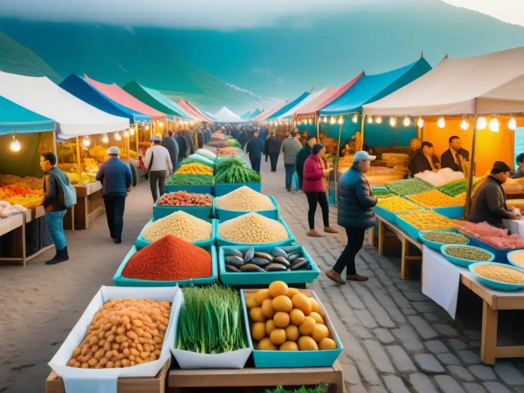 Animado mercado gastronómico en el Festival del Salmón La Paloma, con puestos de comida y gente disfrutando bajo el sol dorado