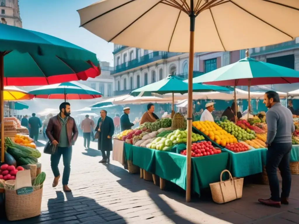 Un animado mercado en Montevideo, Uruguay, donde los vendedores locales exhiben frutas, verduras y artesanías bajo coloridos paraguas