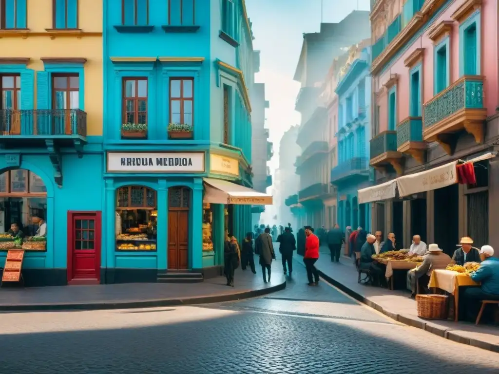 Un animado paisaje urbano en Montevideo, Uruguay, con colores vibrantes, gente conversando y vendedores callejeros