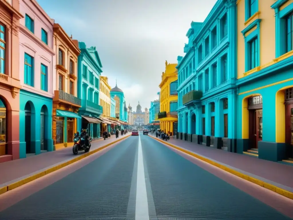 Un animado street en Montevideo, Uruguay, con edificios coloridos y locales, reflejando la esencia vibrante de la ciudad