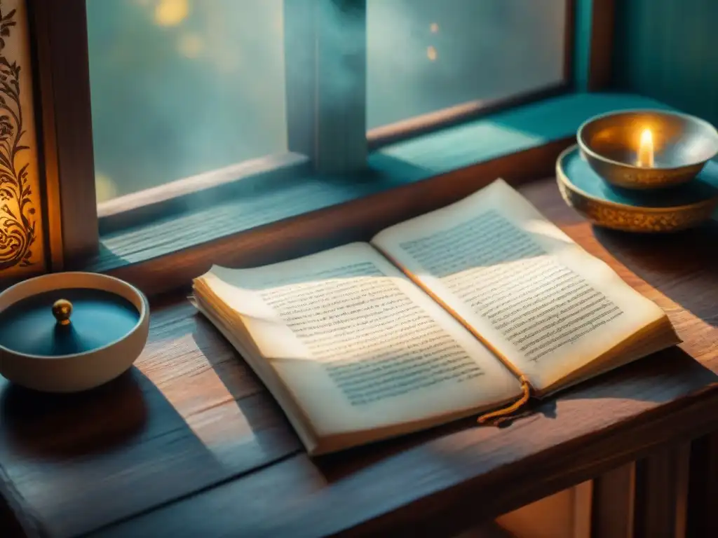 Una antigua y detallada obra literaria en una mesa de madera iluminada por luz natural, resaltando su significado histórico y artístico