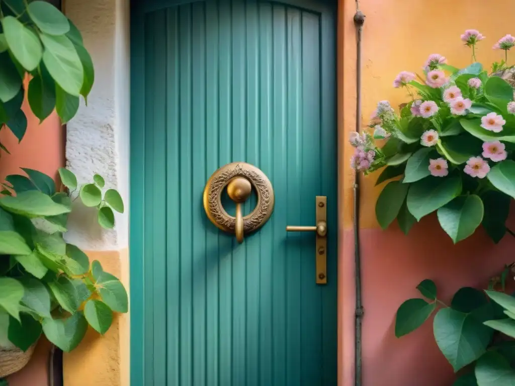 Antigua puerta de madera con aldaba de hierro, rodeada de plantas y flores silvestres en el campo uruguayo al atardecer