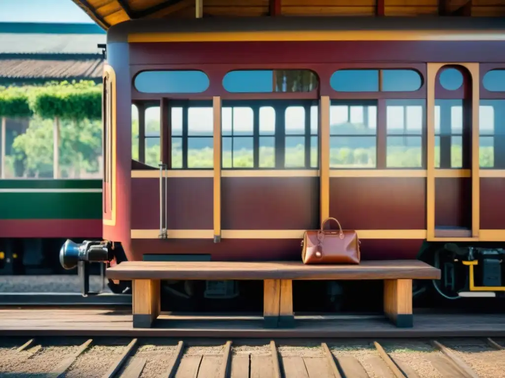 Antigua estación de tren en Uruguay con bancos de madera, locomotora vintage y verdor