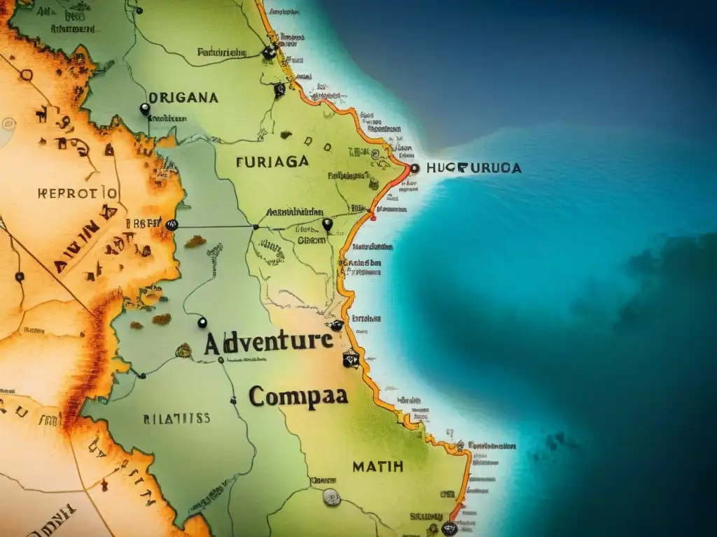 Un antiguo mapa detallado de Uruguay rodeado de herramientas de explorador vintage, evocando aventuras