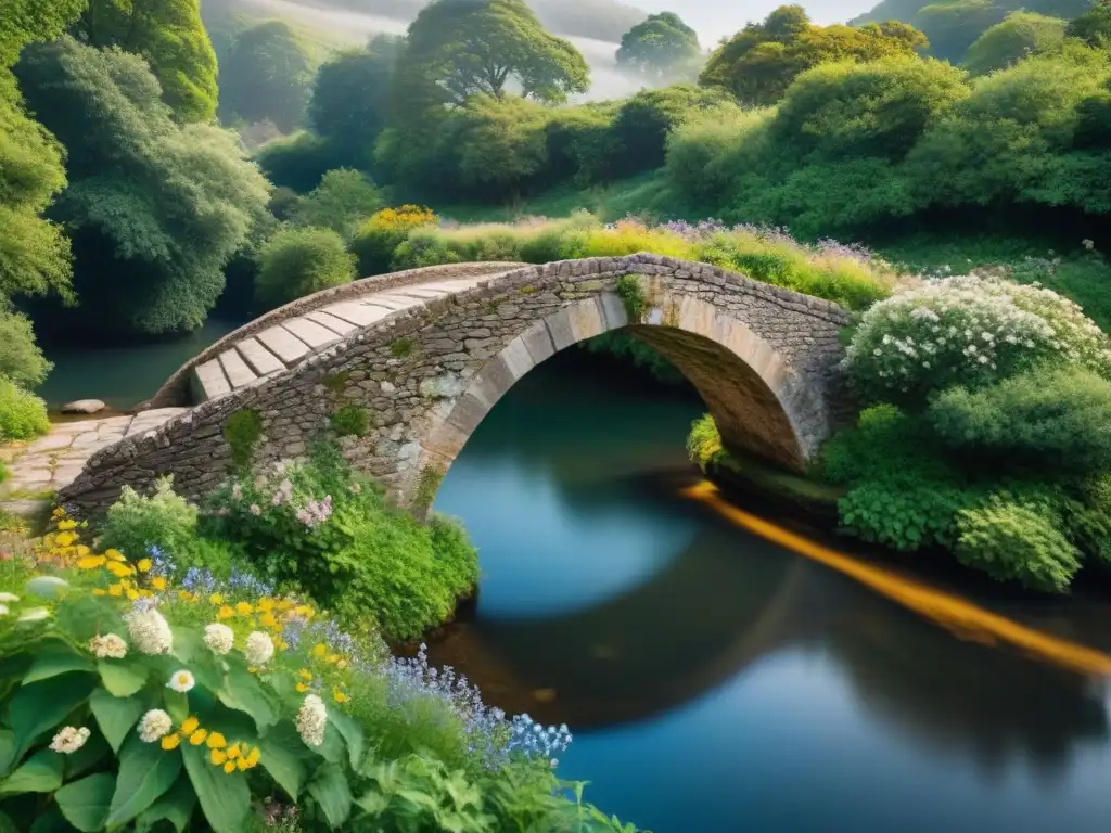 Un antiguo puente de piedra, rodeado de naturaleza exuberante y flores silvestres, evoca la importancia cultural de los puentes