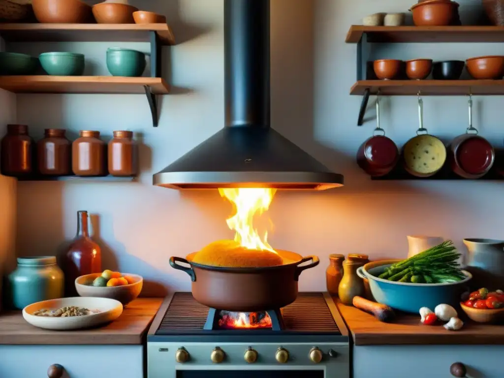 Una apacible cocina uruguaya con una olla de barro en la estufa a leña, con un guiso tradicional burbujeante