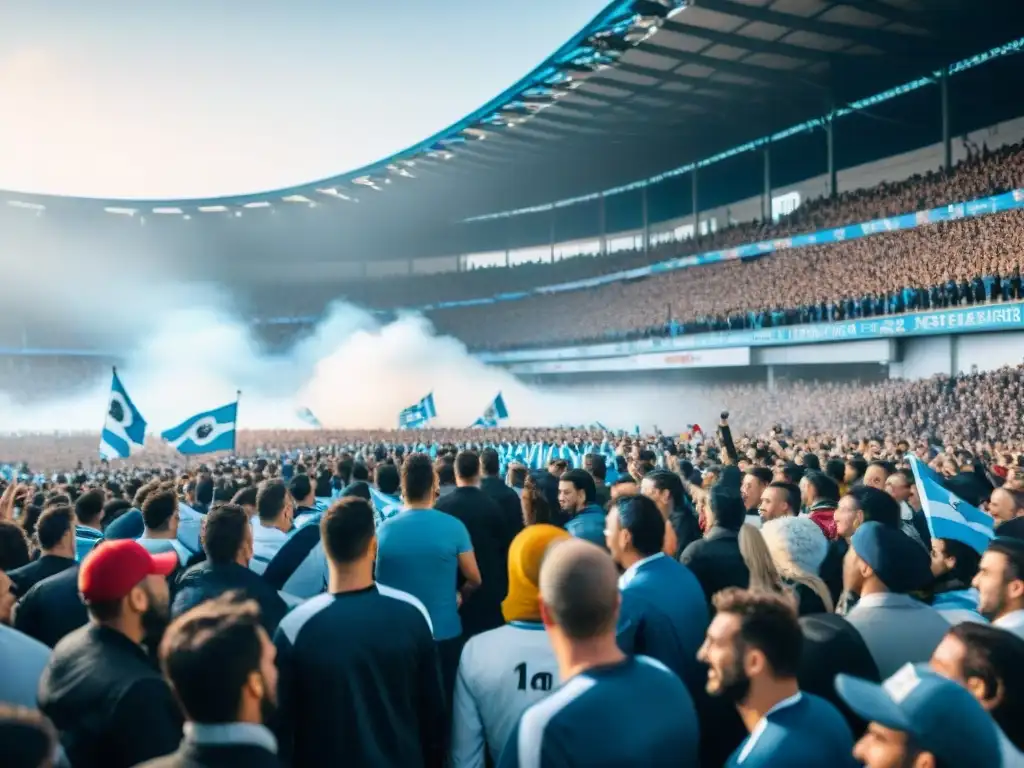 Apasionada afición en estadio lleno en Uruguay durante un emocionante partido de fútbol, con leyendas futbol Uruguay