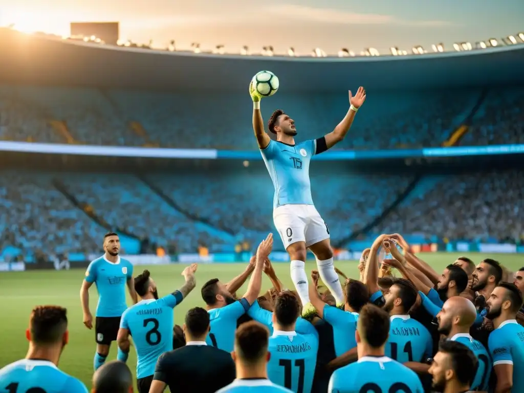 Apasionada multitud en estadio uruguayo durante un emocionante partido de fútbol, con jugador intentando tiro acrobático