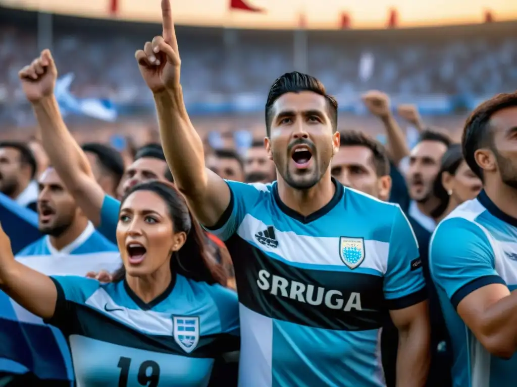 Apasionada multitud de fanáticos uruguayos en estadio lleno, ondeando banderas y cantando al unísono