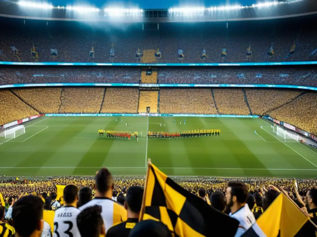 Apasionada rivalidad clásica Peñarol vs Nacional en estadio lleno de fans vibrantes