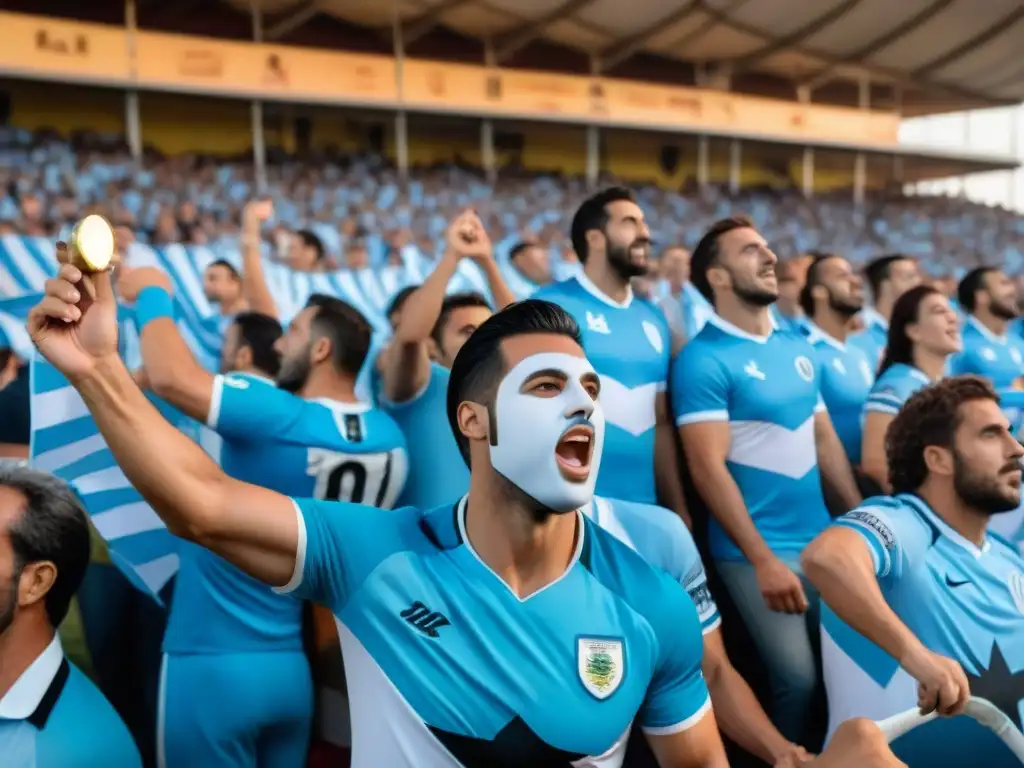 Apasionada hinchada celeste en el Estadio Centenario de Montevideo Apasionados aficionados ondean banderas y cantan en el Estadio Centenario de Montevideo, creando una atmósfera vibrante y energética