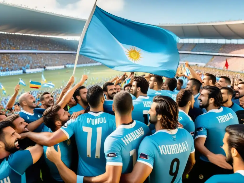 Apasionados aficionados de fútbol y comunidad en Uruguay animando en un estadio lleno de colores y emoción