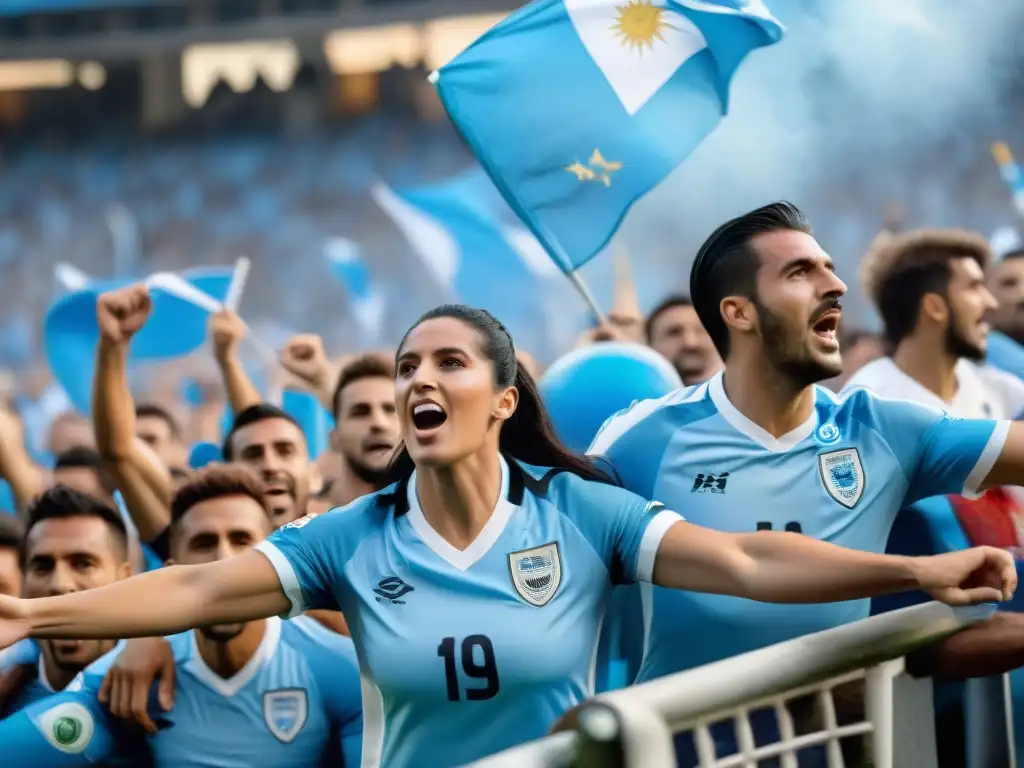 Apasionados hinchas uruguayos viven la emoción del fútbol en vivo Apasionados aficionados uruguayos visten camisetas celestes, animando en un estadio lleno, inmersos en la emoción del fútbol