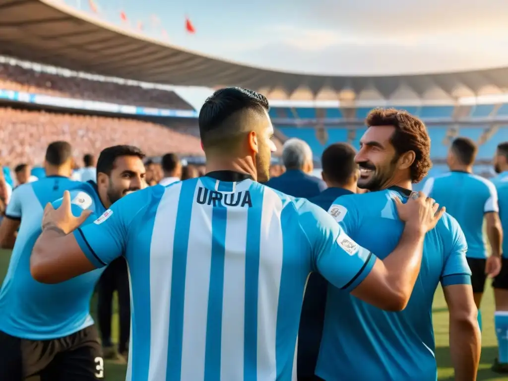 Apasionados aficionados uruguayos comparten mate antes del partido en el Estadio Centenario, reflejando la tradición futbolística de Uruguay