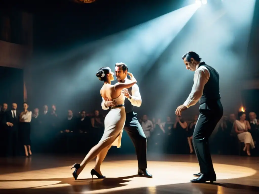 Apasionados bailarines de tango en escenario de Montevideo, Uruguay, con historia del tango en Uruguay