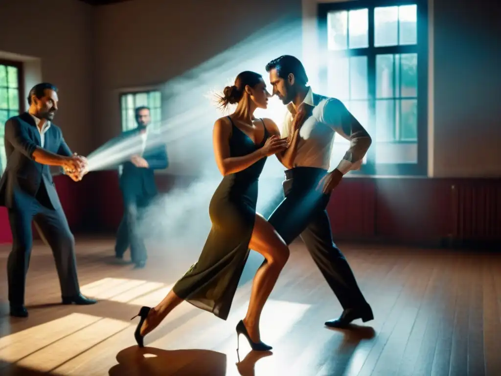 Apasionados bailarines de tango en un taller de fotografía en Uruguay, capturados en movimiento fluido y llenos de emoción y enfoque