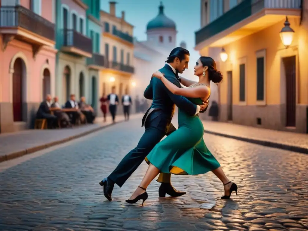 Apasionados bailarines de tango uruguayo en Montevideo bajo la luz de una farola vintage