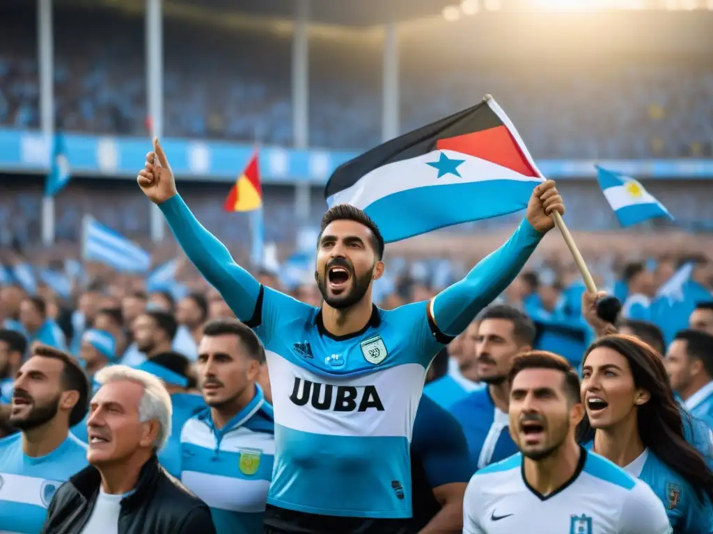 Apasionados fanáticos uruguayos ondeando banderas en estadio lleno durante histórico partido de fútbol