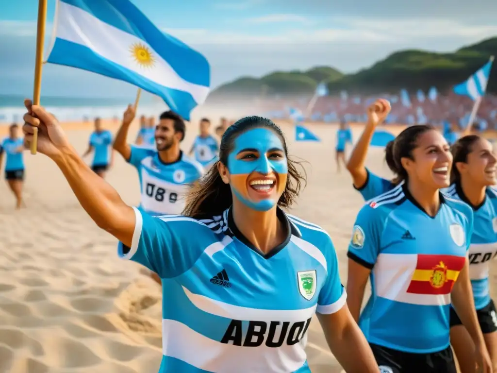 Apasionados fanáticos de fútbol playa uruguayos, con camisetas celestes, banderas y rostros pintados, animando en la playa