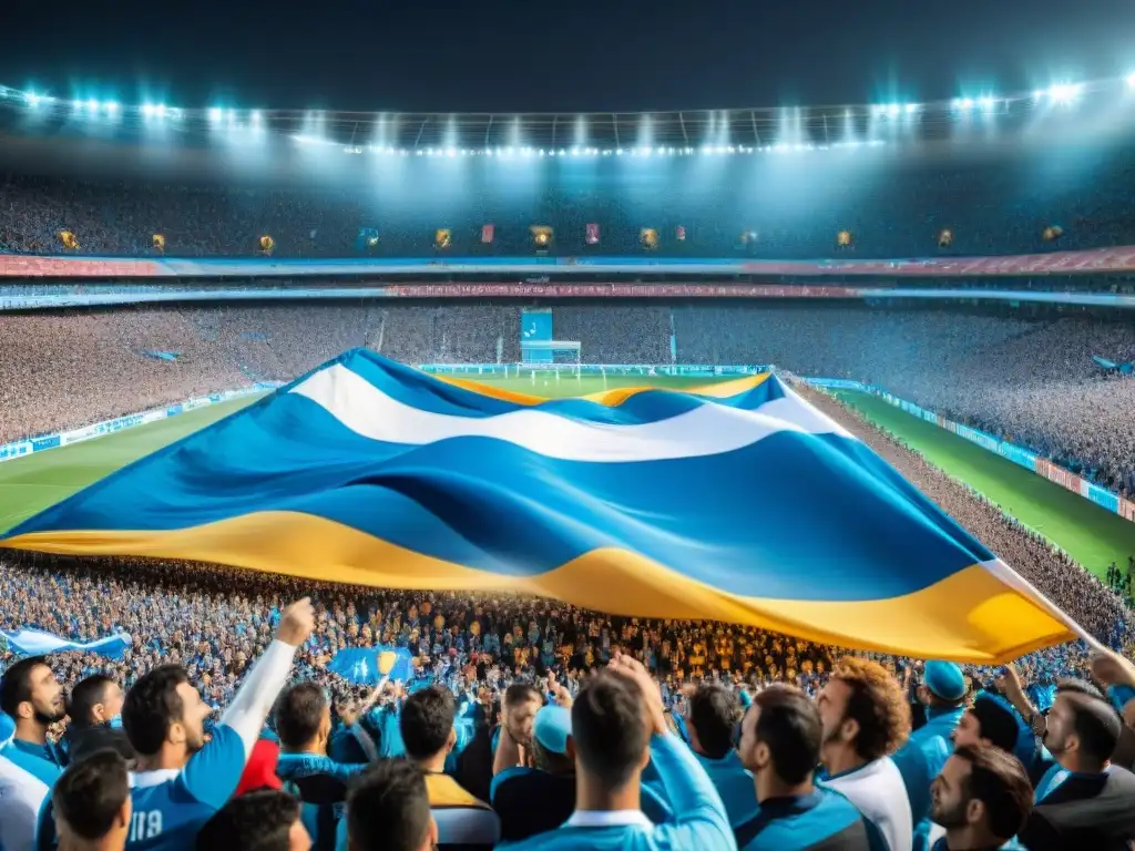 Apasionados fans agitando banderas en estadio lleno en Uruguay