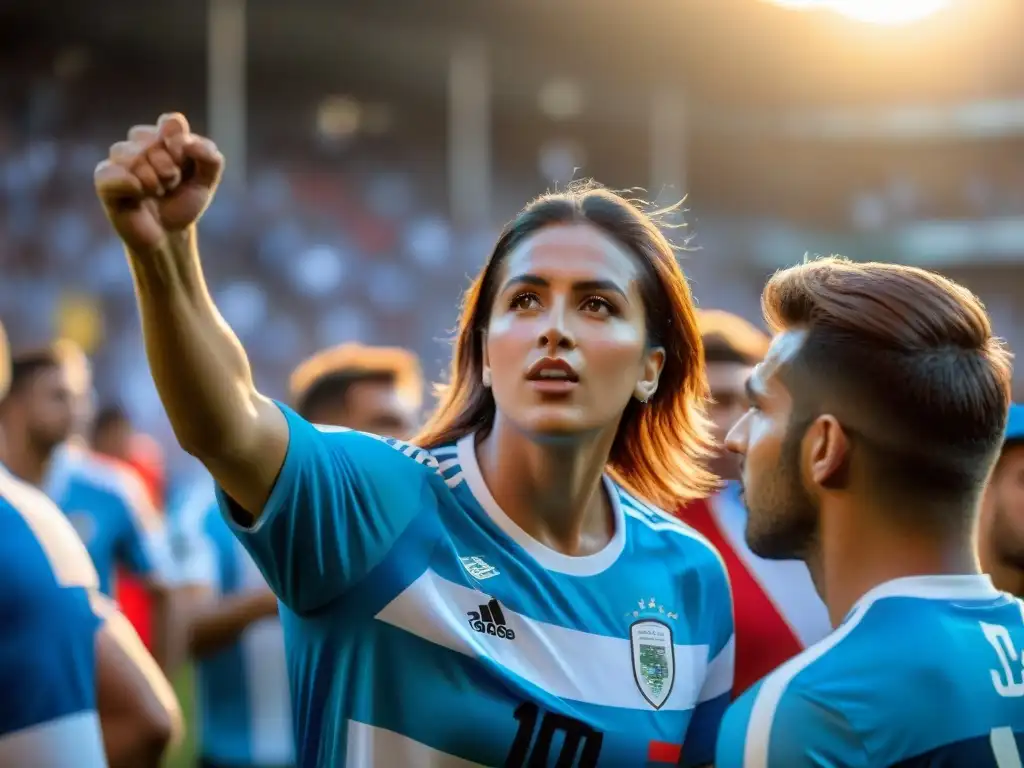 Apasionados fans de fútbol uruguayos, ondeando la bandera nacional en un estadio lleno al atardecer