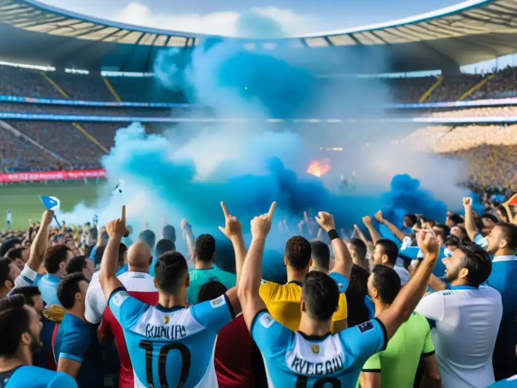 Apasionados hinchas de fútbol en estadio uruguayo durante un emocionante partido