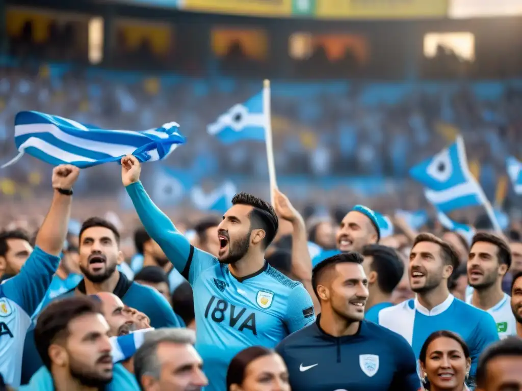 Apasionados hinchas uruguayos en estadio lleno, vibrante tradición musical