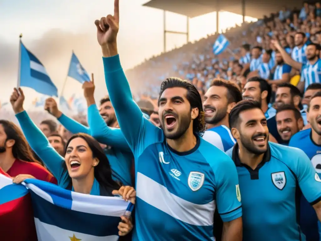 Apasionados hinchas uruguayos en el estadio, vibrando con la experiencia de ser hincha en Uruguay