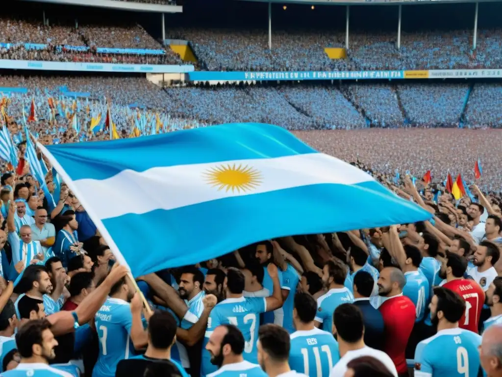 Apasionados hinchas uruguayos en el Estadio Centenario, viviendo la experiencia única de ser parte del vibrante fútbol en Uruguay