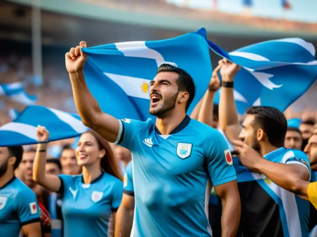 Apasionados hinchas uruguayos celebrando en estadio lleno durante un emocionante partido de fútbol