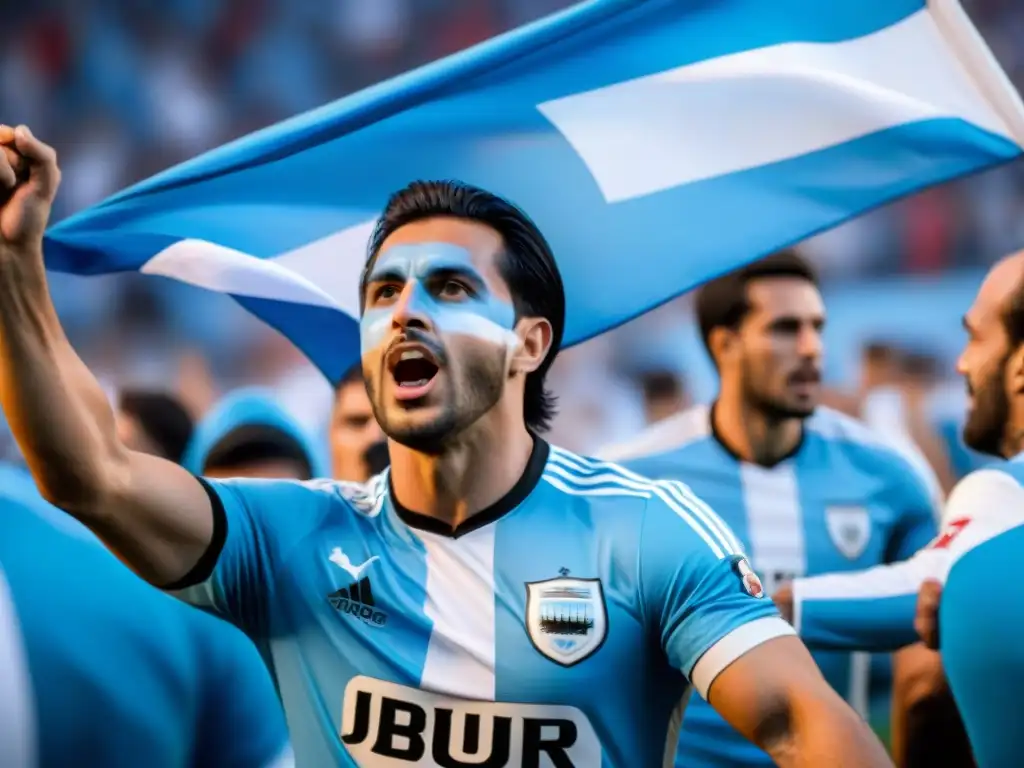 Apasionados hinchas uruguayos en ritual previo al partido, vistiendo colores tradicionales y ondeando banderas