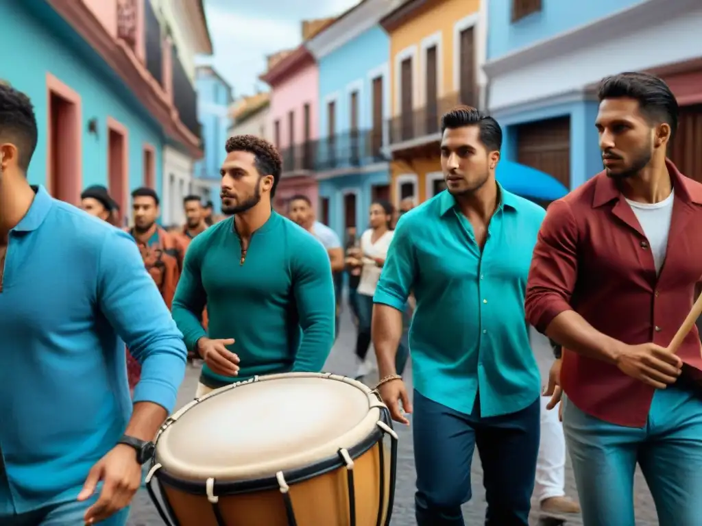 Apasionados músicos de candombe en Barrio Sur, Uruguay, entre edificios coloridos y espectadores