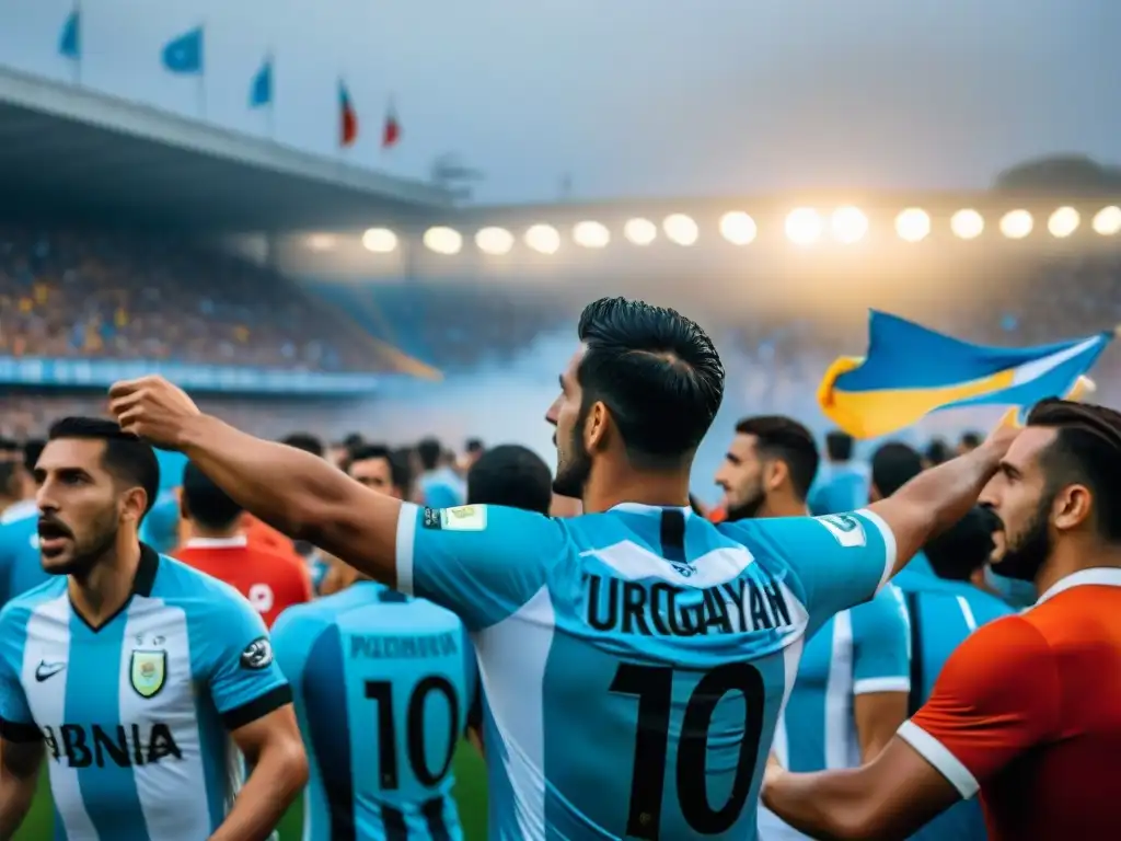 Apasionados seguidores agitando banderas y cantando en un estadio de fútbol en Uruguay