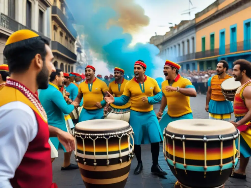 Apasionados tambores de Candombe en desfile cultural en Montevideo, Uruguay, con vibrante vestimenta y arquitectura colonial de fondo