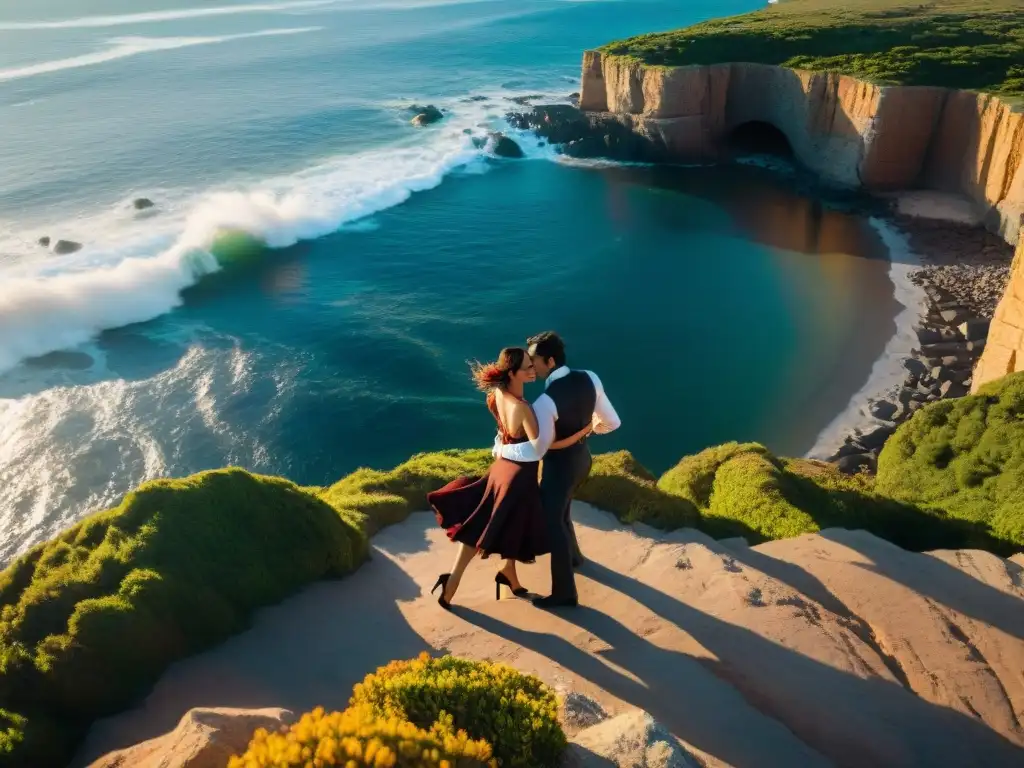 Apasionante baile de tango en acantilados de Uruguay, iluminado por el sol poniente