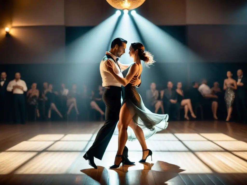 Apasionante baile de tango uruguayo en blanco y negro, con vestidos en movimiento y una mirada intensa