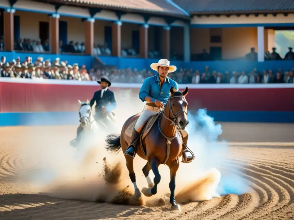 Apasionante competencia de gauchos en el Prado durante la Semana Criolla, celebrando la tradición gaucha con destreza y gracia bajo el cielo azul